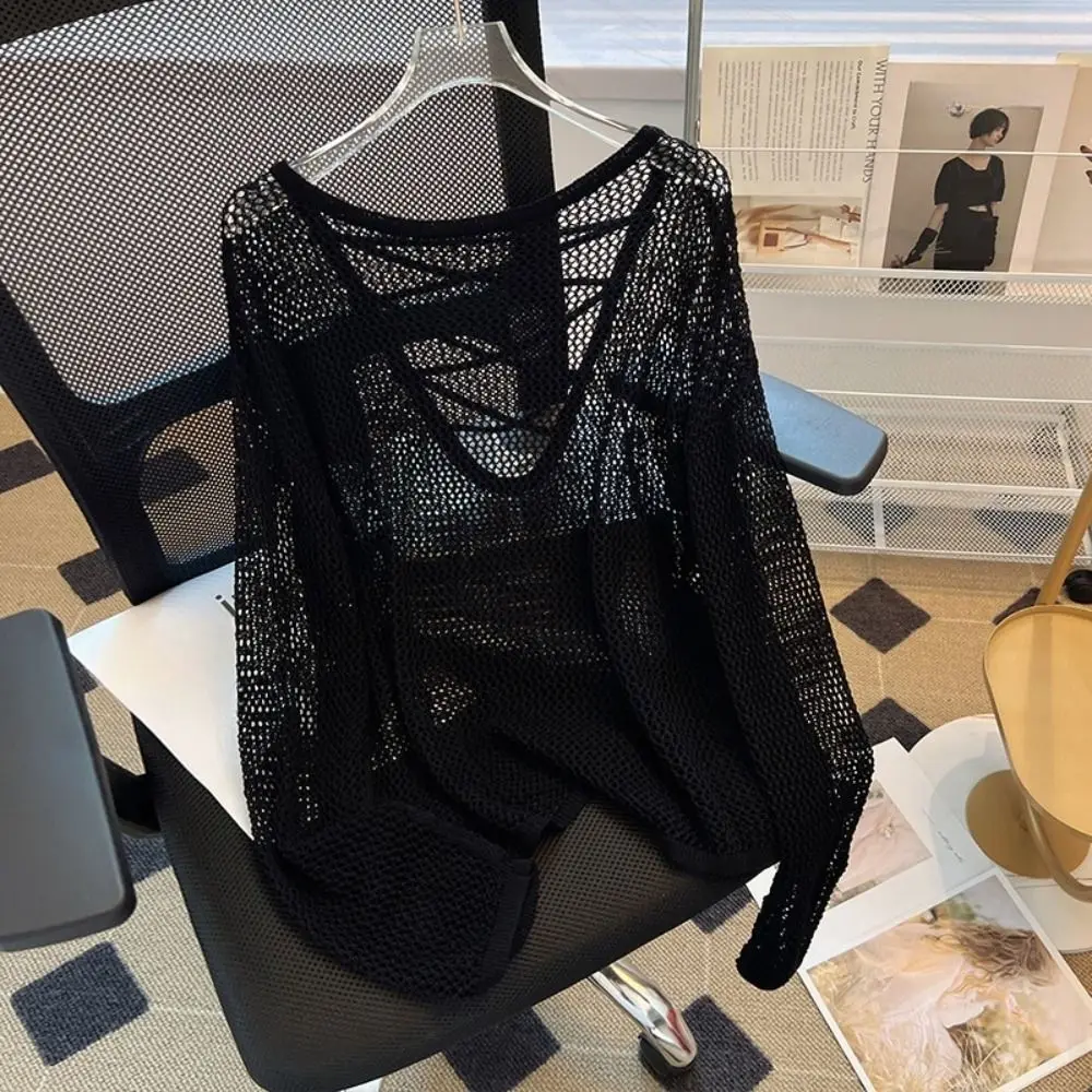 Fashion Casual Knitted Hollow Pullover Loose Round Neck Long Sleeve T Shirt Beachwear Stripe Crochet Top Women Beach