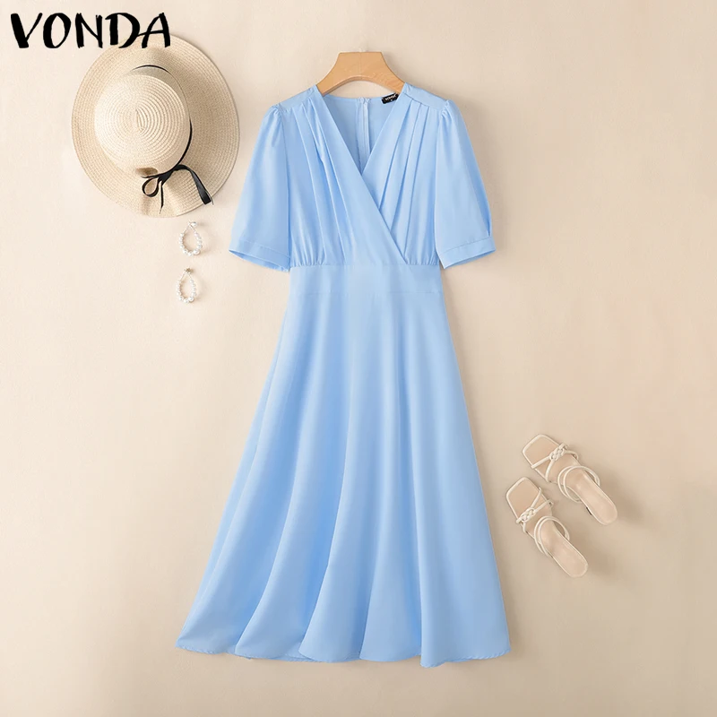 VONDA レディース ロングシャツワンピース 2025 夏 パーティー エレガント ミディ丈 サマードレス セクシー Vネック カジュアル 無地 半袖 ローブ ワンピース