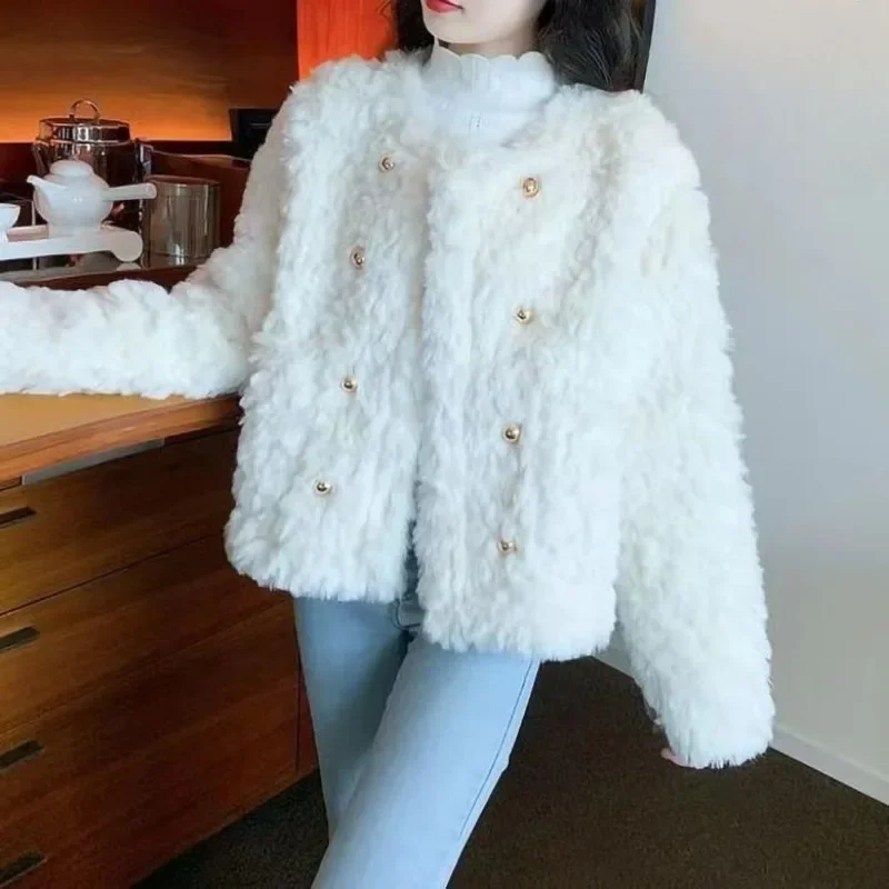 Women Spring Autumn Faux Fur Jackets Solid Colors Furry Coats Champagne Colored Button Loose Casual Jackets New All Match Coats