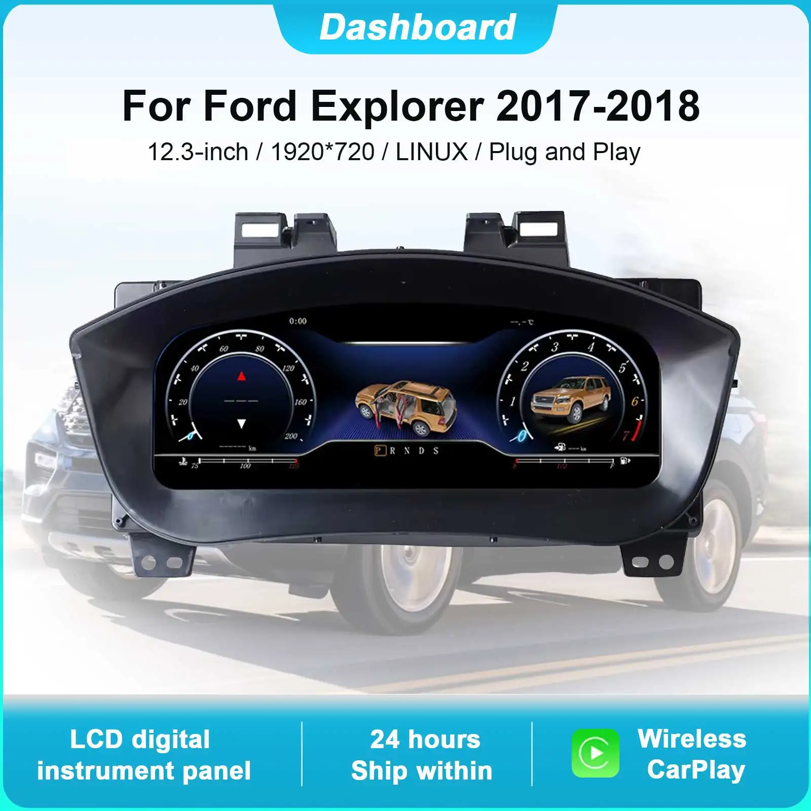 

Цифровой дисплей приборной панели для Ford Explorer 2017-2018, спидометр, 12,3 дюйма, HD-экран 1920*720/беспроводной CarPlay/Plug&Play