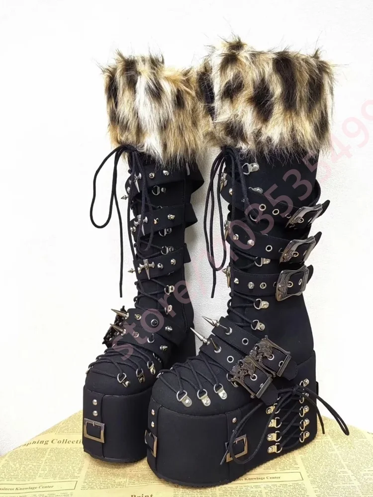 2026 New Fashion Black Gothic Faux Fur Platform Boots with Spikes and Buckles Punk Rock Lace-Up Winter Knee High Shoes for Women