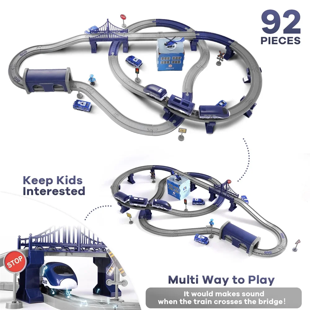 Conjunto de trem de brinquedos para crianças, conjunto de pista de corrida HDJ 92PCS para meninos, presente de aniversário de trem de Natal, brinquedo de polícia com carros, helicóptero (azul)