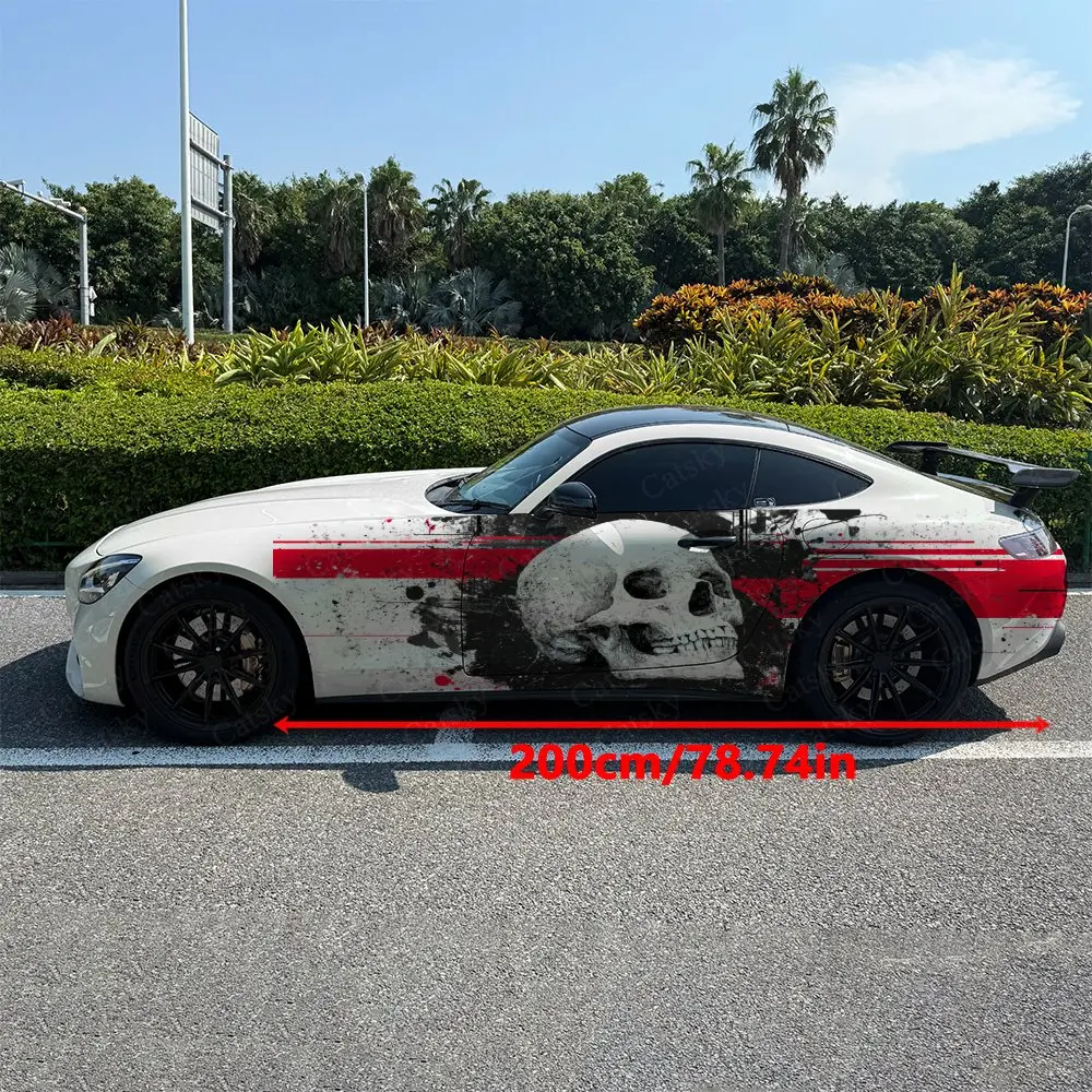 2pcs Red & Black Splatter Skull Car Side Wraps, Self-Adhesive PVC Waterproof & Scratch-Resistant Stickers, Car Accessory Gift