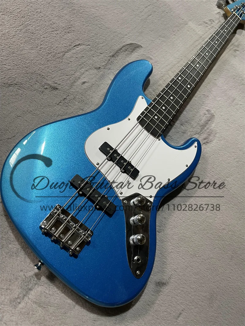 Metal Blue Bass 4 Strings Electric Bass  Solid Body  Rosewood Fingerboard Maple Neck White Pickup Guard Factory Custom