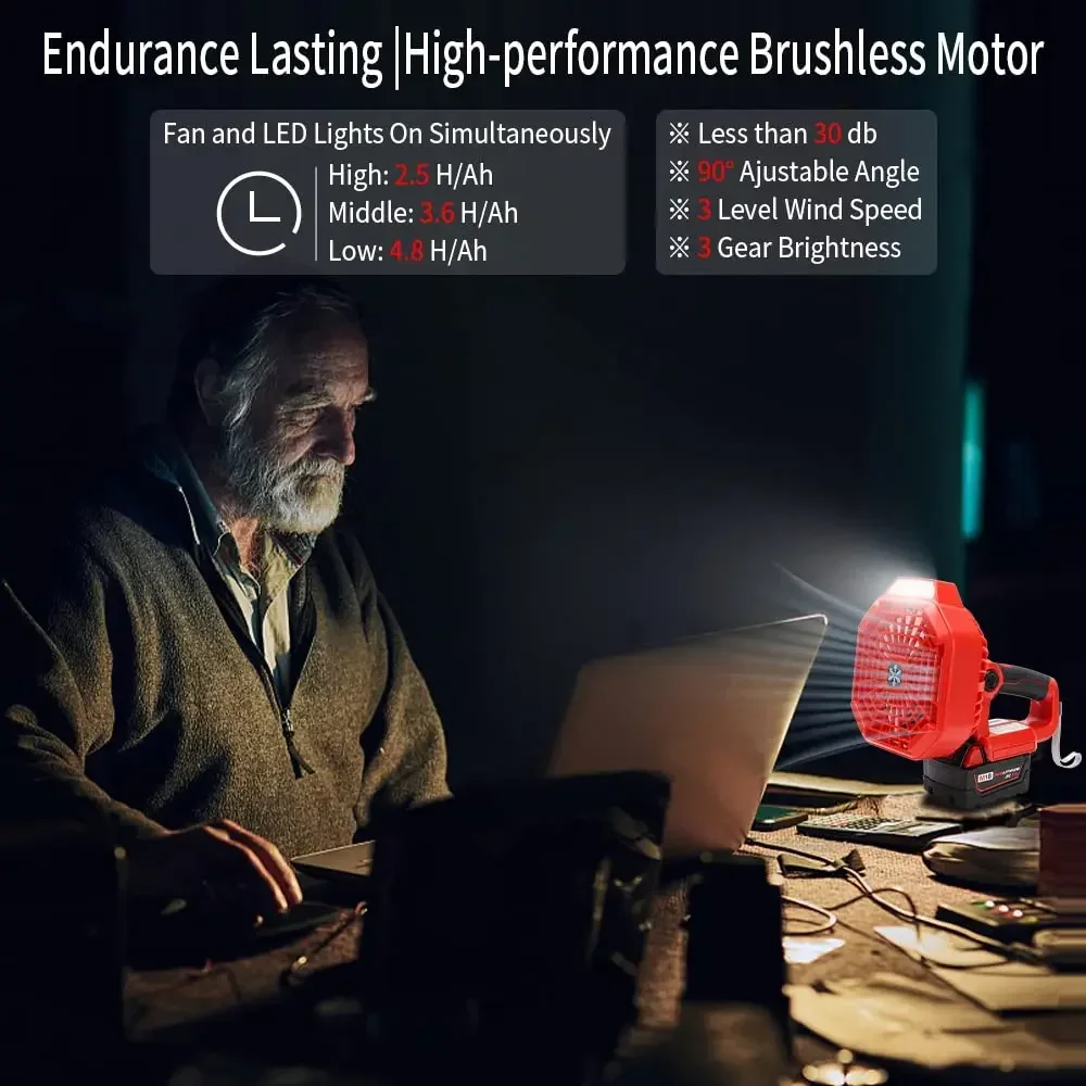 Ventilatore da campeggio a LED Ventilatore portatile senza fili con porta USB per batterie agli ioni di litio Milwaukee 18V per riparare auto e campeggio all'aperto