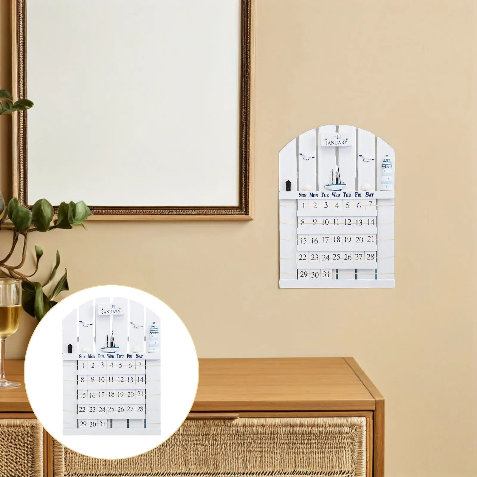 1Pcs Creative Wooden Calendar Perpetual Wall Calendar Mediterranean Style Household Adornment Home Gift Household Adornment