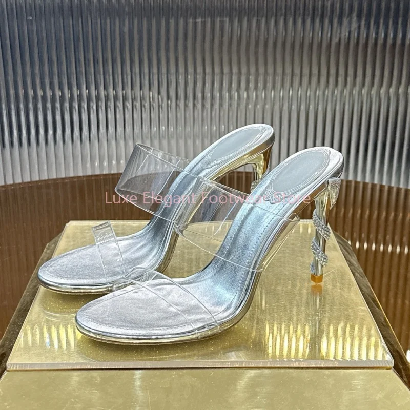 

Sliver Pvc Crystal Snake Twine Heel Stiletto Slippers Women Peep Toe Strappy Slip On Sandals Sexy Trendy Party Club Slippers New