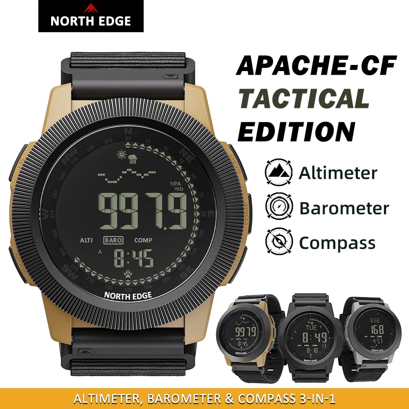 NORTH EDGE 2026 APACHE-CF Men Outdoor Sports Digital Watch Waterproof 50M Swimming Compass Altitude Barometer Wristwatch For Men