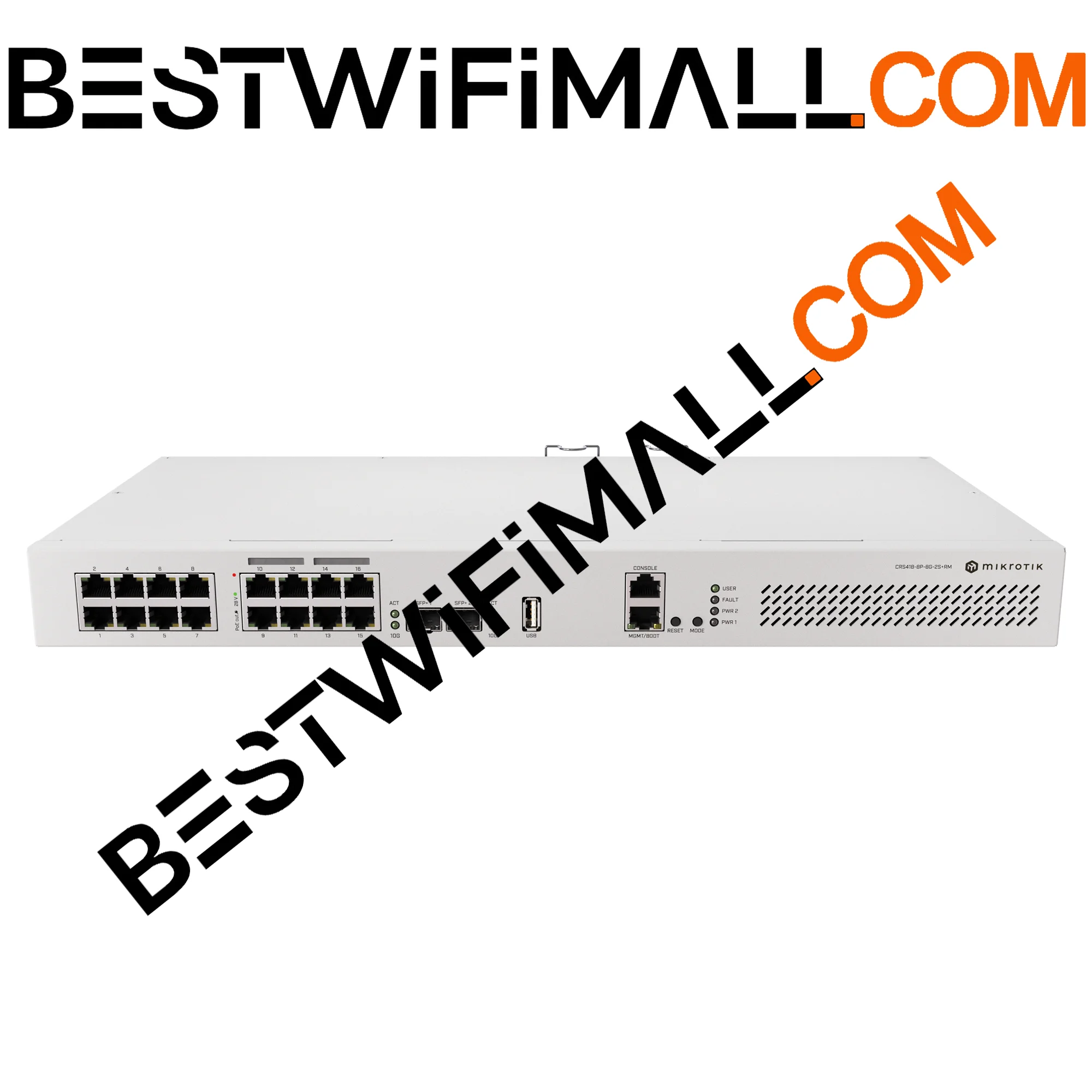

Коммутатор MikroTik CRS418-8P-8G-2S+RM: 16 портов Gigabit Ethernet (+1 PoE-Out), два 10G Uplink, четырехъядерный процессор ARM 2.2 ГГц