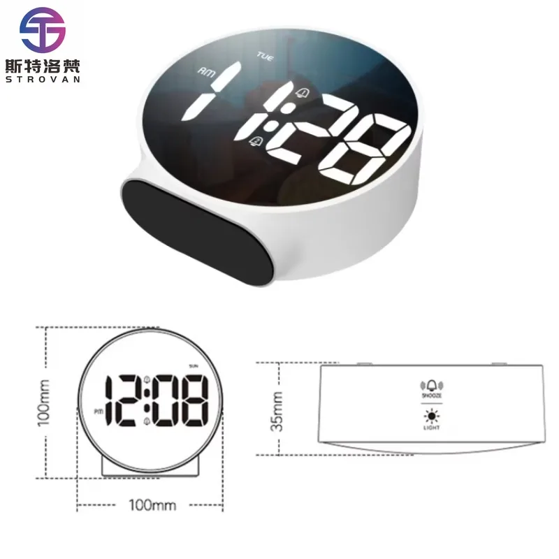 LED Digital Display Mirror Round Dual-purpose Alarm Clock 12/24 Hour Conversion Home Room Use