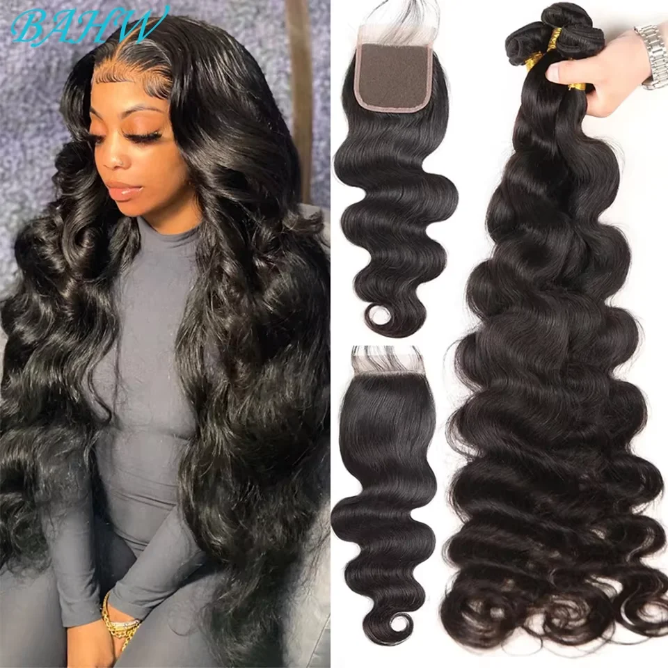 Peruvian Body Wave Human Hair Bundles With 4x4 HD Lace Closure Virgin Raw Human Hair Weave Extensions With Free Part Lace