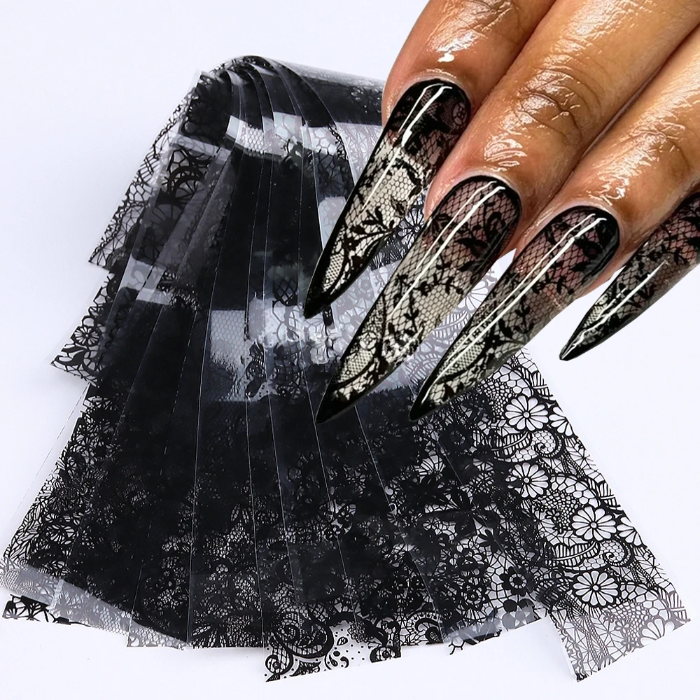 

10 Sheets Black White Lace Nail Art Foils Set Nail Transfer Sticker Lace Floral DIY Transfer Paper Manicure Accessories GLLS-01