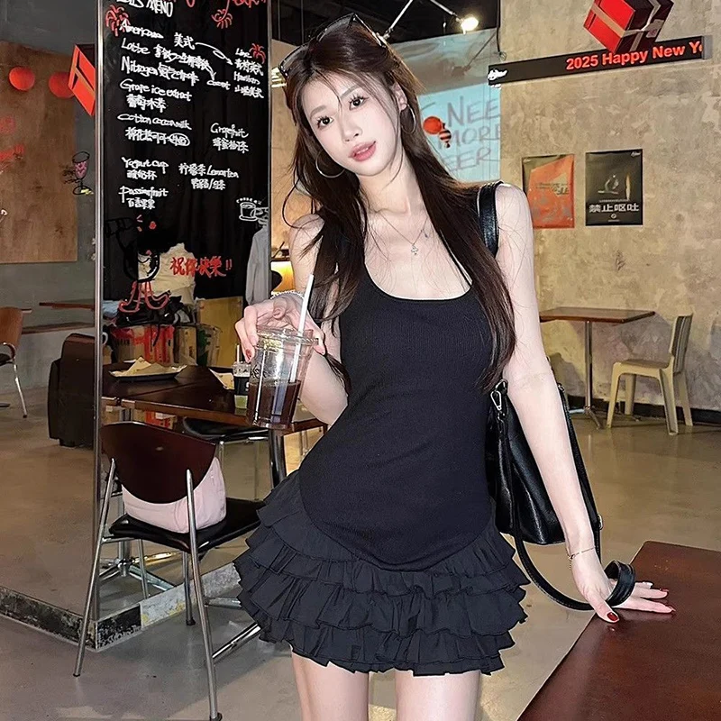 

Женское мини-платье Y2K без рукавов с квадратным вырезом, новое летнее облегающее платье-тортик, яркое праздничное платье с оборками по низу