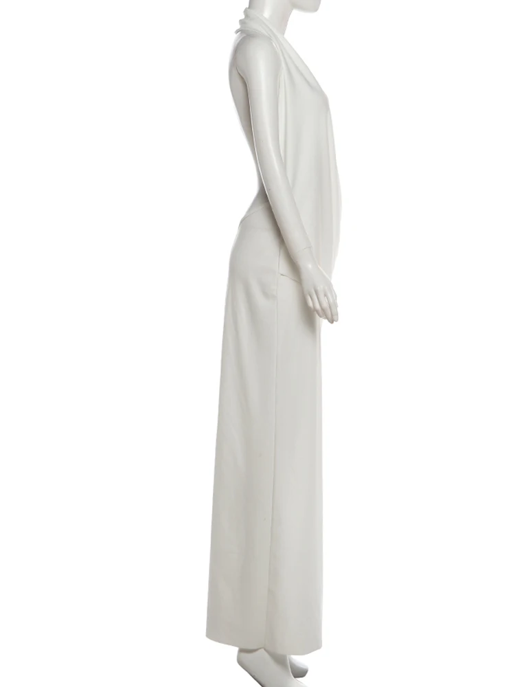 เดรสยาวเปิดหลัง แขนกุด ผ่าข้าง ดีไซน์หรูหรา คอ halter ทรงสวิง สำหรับงานกลางคืน งานพรอม งานปาร์ตี้ ผ้ารุ้ง ย่นเซ็กซี่