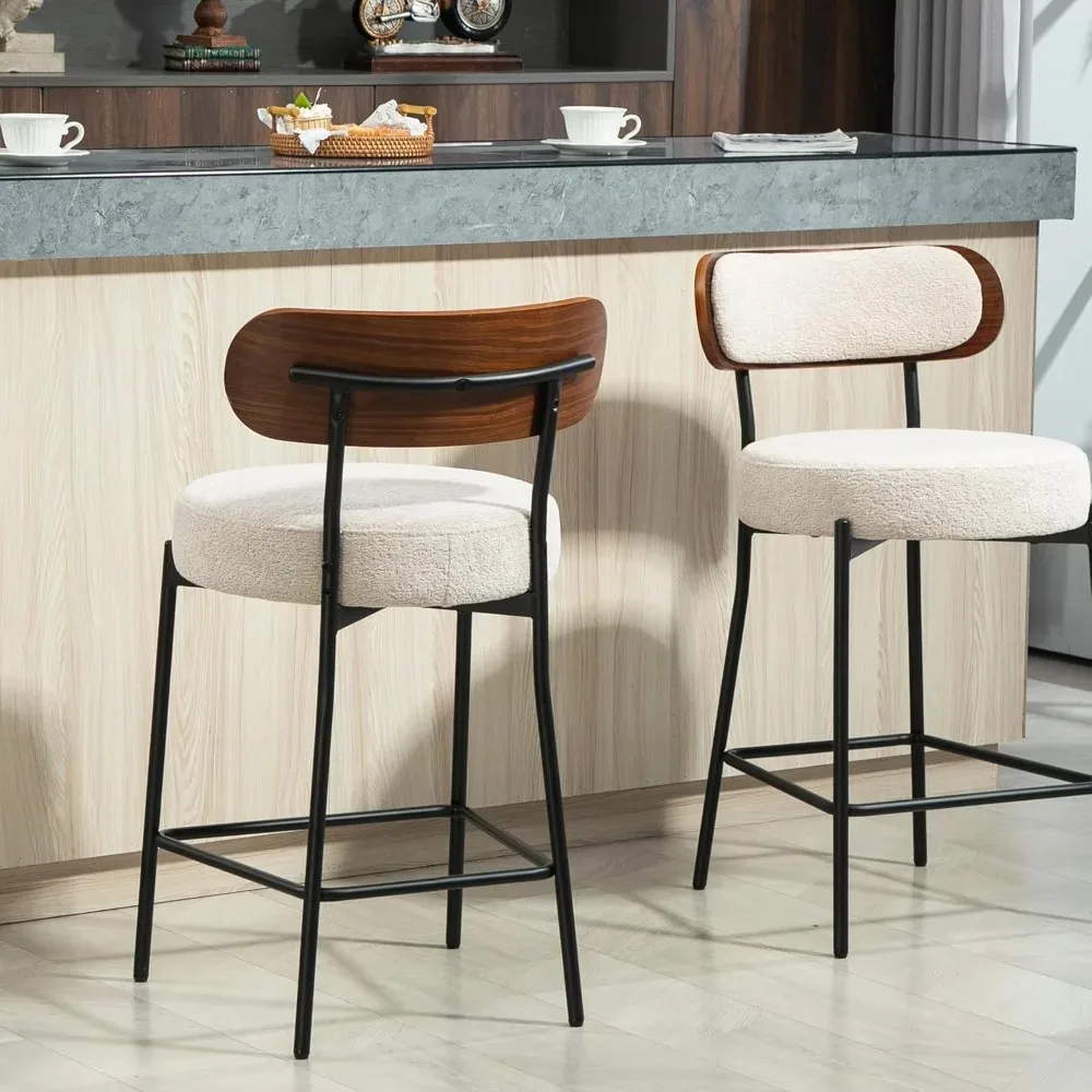 مجموعة مقاعد بار FUNCOLOR مقاس 28 بوصة مكونة من 2، مقاعد للبار بيضاء حديثة بارتفاع مضاد مع ظهر خشبي لجزيرة المطبخ، منجد F