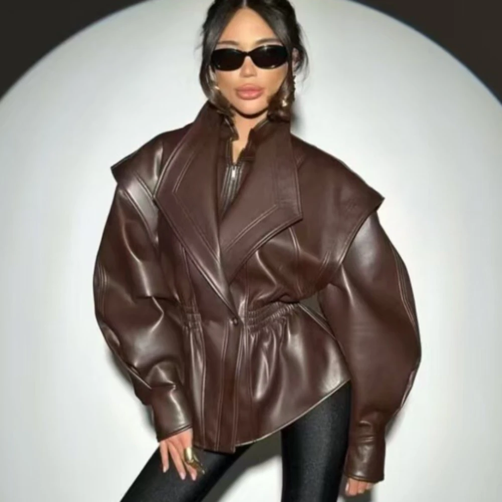 Women's Leather Jacket Female Zipper Leather Trench Coat High Neck Elastic Waist Oversize Vintage Faux Leather Jacket Women