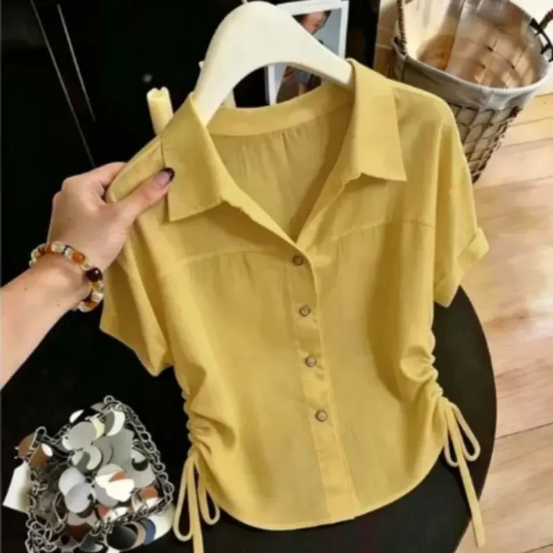 Modische Lässige Polokragen-Bluse mit Kordelzug Einfarbiges Oberteil Damenkleidung Neue Sommer-Kurzarm-Bluse Schlichte Vintage-Eleganz – Detail 2