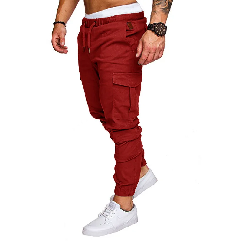 Moletom masculino com cordão de bolso múltiplo, calça cargo, jogger casual, calça esportiva fitness, monocromática, fina, cintura, moda, 2023