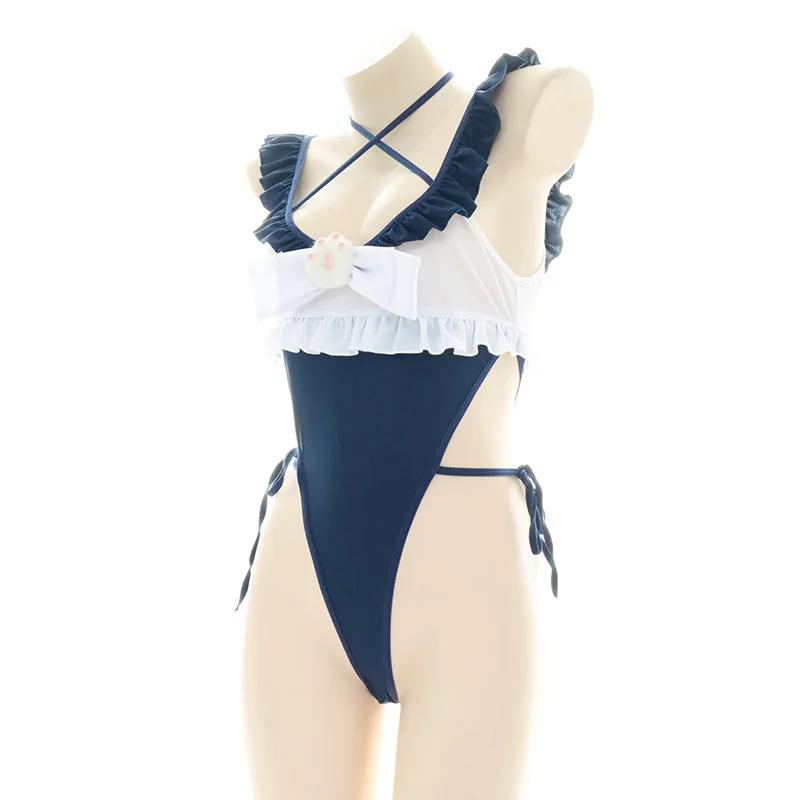 Cute Ruffled Edge One Piece Swimsuit Women High Split Bodysuit Anime Maid Cosplay Swimwear Cat Claw Design Bandage Bikinis view 3