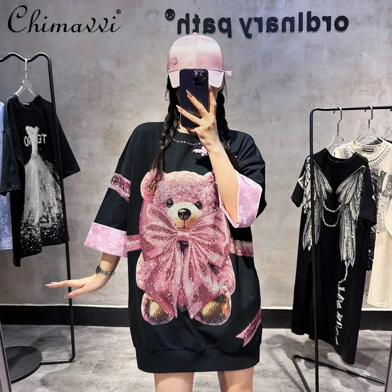 Chinesischen Stil Rosa T-shirt Kleid Mode Bogen Bär Heißer Bohren Mid-Länge Übergroßen Kurzarm Kleid Frauen Schwarze Kleider