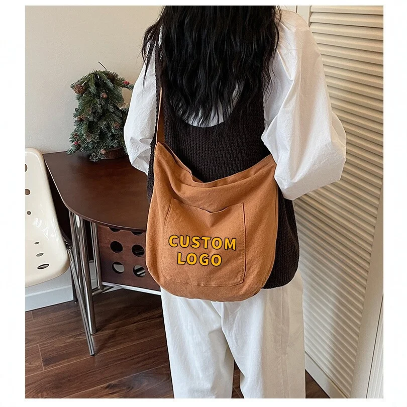 Custom Logo Canvas Crossbody Bag, Large Capacity Casual Shoulder Bag, Korean Ins Tote Bag, Wash Cotton Canvas Sling Bag