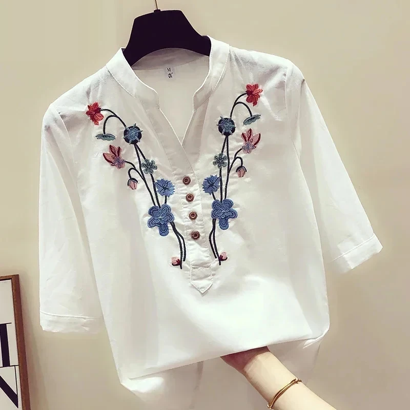 Summer Elegant Embroidery Cotton Blouses Loose White Casual Women Tops and Blouses V-Neck Shirts for Women New Clothes 3140 50