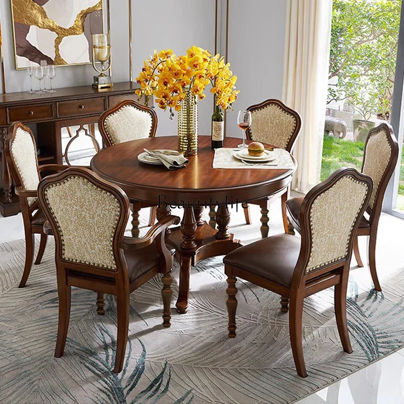 

01 yj19 American-style Solid Wood Dining Table Vintage Home Small Apartment Round Dining Table