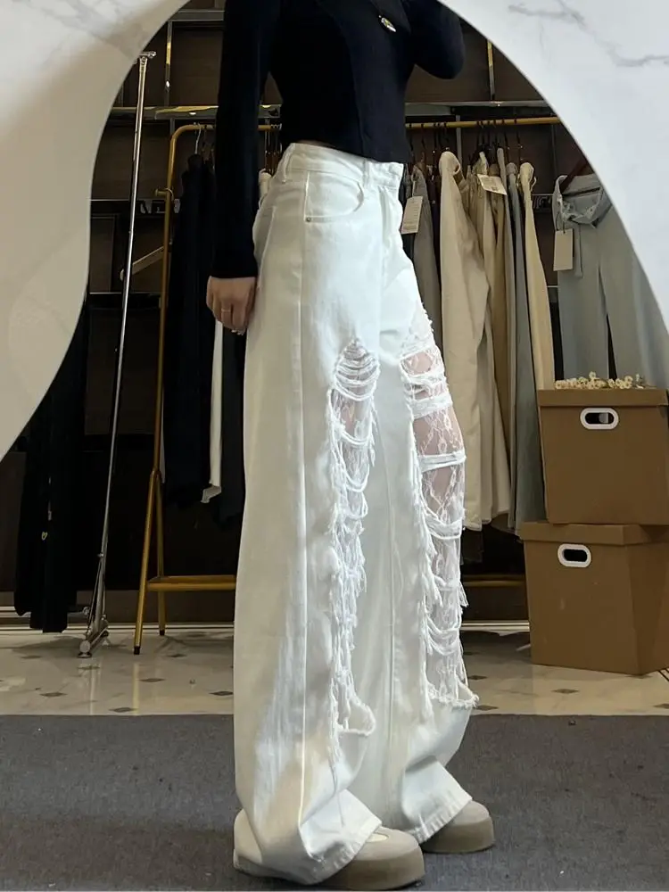 Nicemix American Trendy Lace Patchwork Straight Leg Ripped Jeans