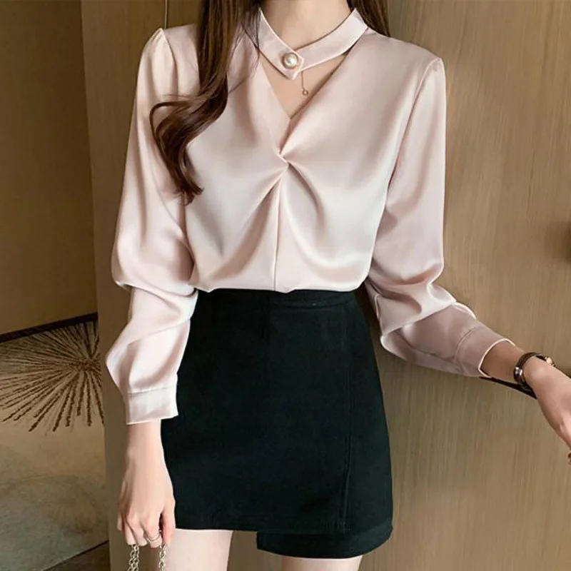 Satin Beading Halter V-Neck Woman Blouses 2022 Spring New Elegant Fashion Office Lady Long Sleeve Loose Commuter Shirts Female