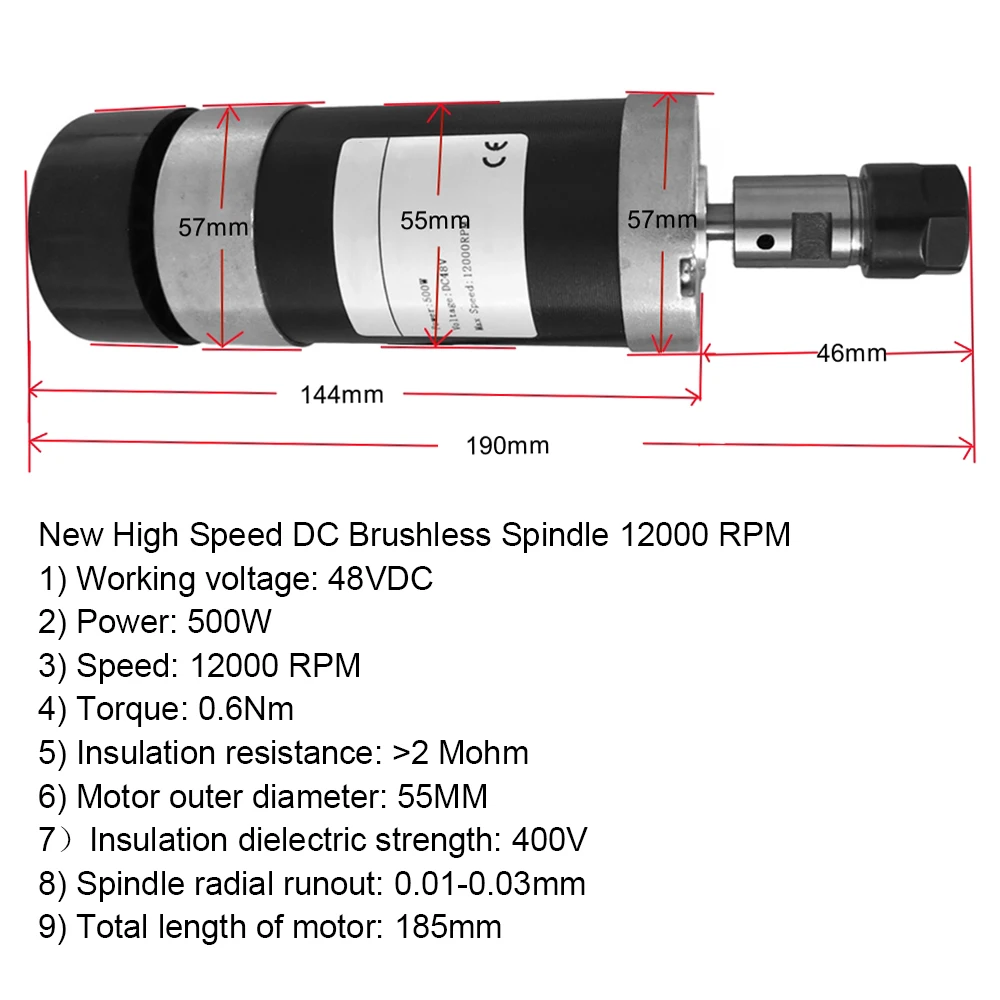 500W CNC Brushless Spindle 0.6Nm 48V 12000RPM With Hall Sensor ER16 Collet 55mm Clamp Bracket Power Supply for Cnc Router