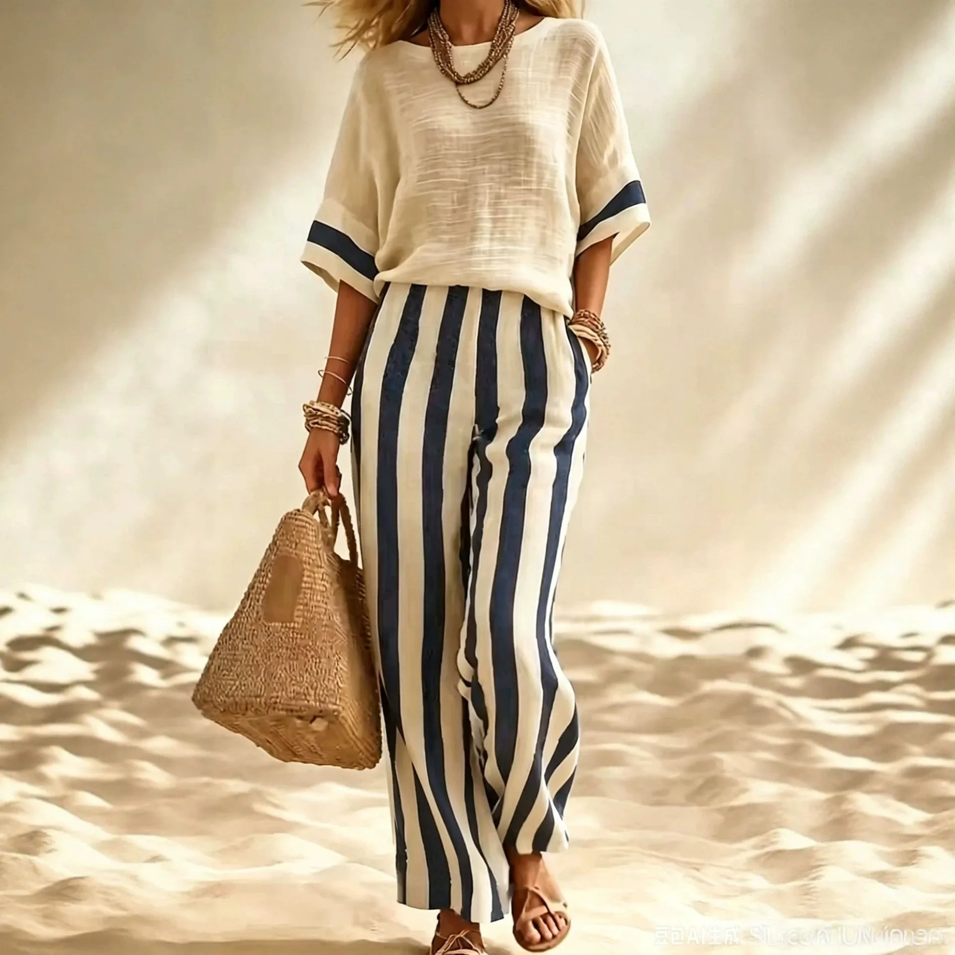 

Women Sets Casual Short Sleeve Top Wide Leg Pants Two Piece Set Oversized Loose Fit Long Trousers Striped Navy And Cream