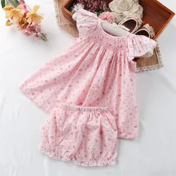 Summer Baby Girl Dress Suit 2024 Kids Clothes For Girls Flower Embroidery Two-Piece Short-Sleeve Shirt + Bread Pants Set