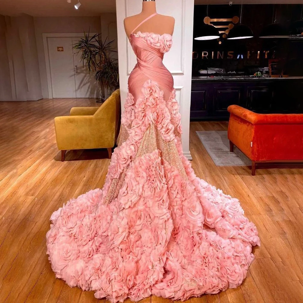 

Luxurious Sparkling Women Evening Dresses Sequin Embroidery Strapless Gown with 3D Floral Appliques Hem Satin Dinner Party Dress