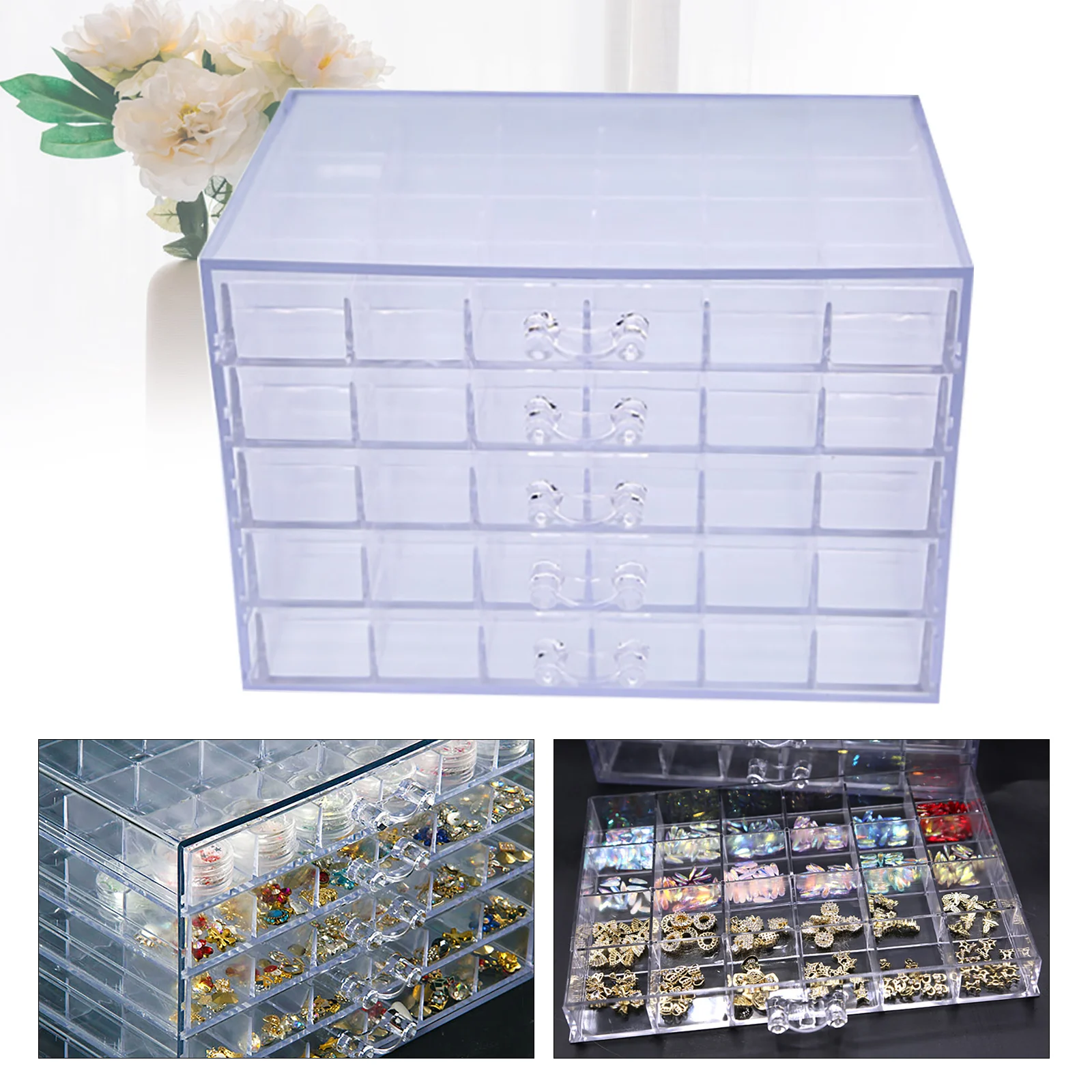 Nail Art Storage Case Rhinestones Beads Plastic Empty Organizer Box 120 Grids Large Capacity Jewelry Boxes with 5-Tier Drawer