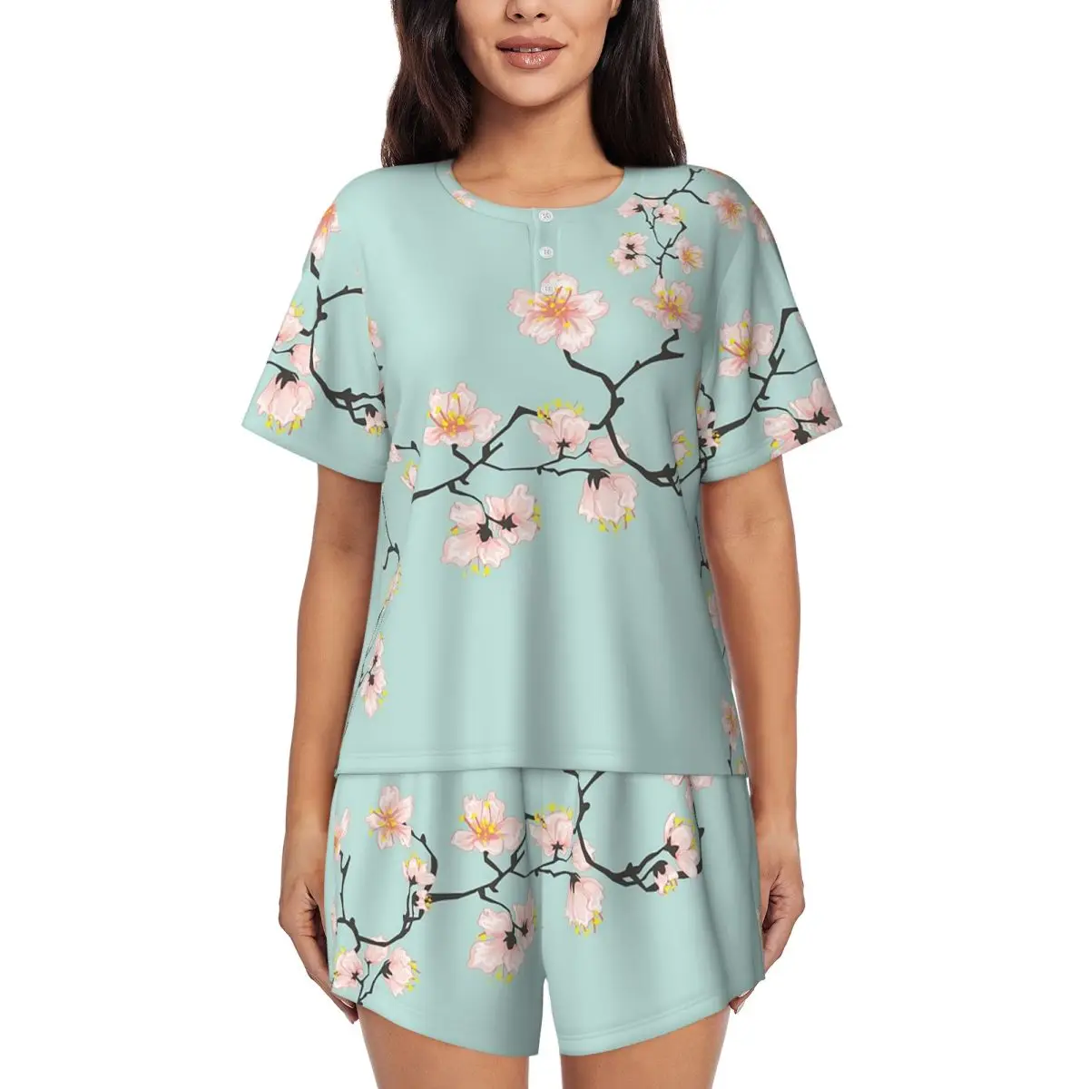 

Sakura Cherry Blossom Japanese Flowers Round Neck Short Sleeves Nightdress for Sleepshirts Women Soft Pajama Set Short Pants