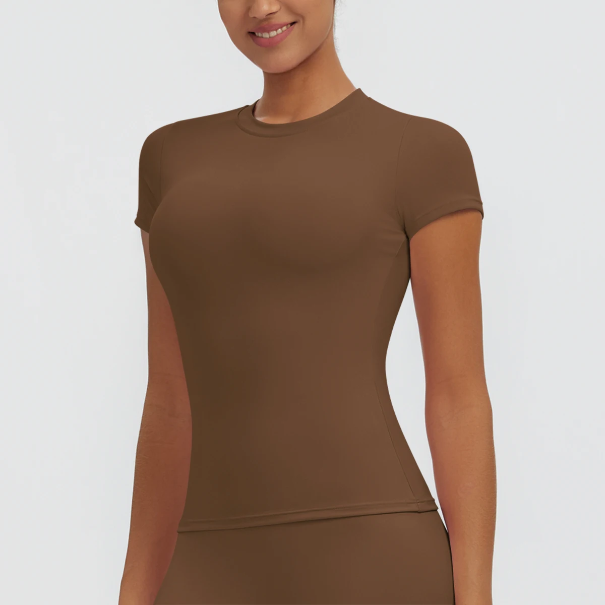 Hochelastisches, schnelltrocknendes, einfarbiges Yoga-Kurzarm-T-Shirt für Damen, Workout-Oberteil, schmal geschnittenes, lässiges Sport-, Lauf-, Fitness- und Yoga-T-Shirt. – Detail 7