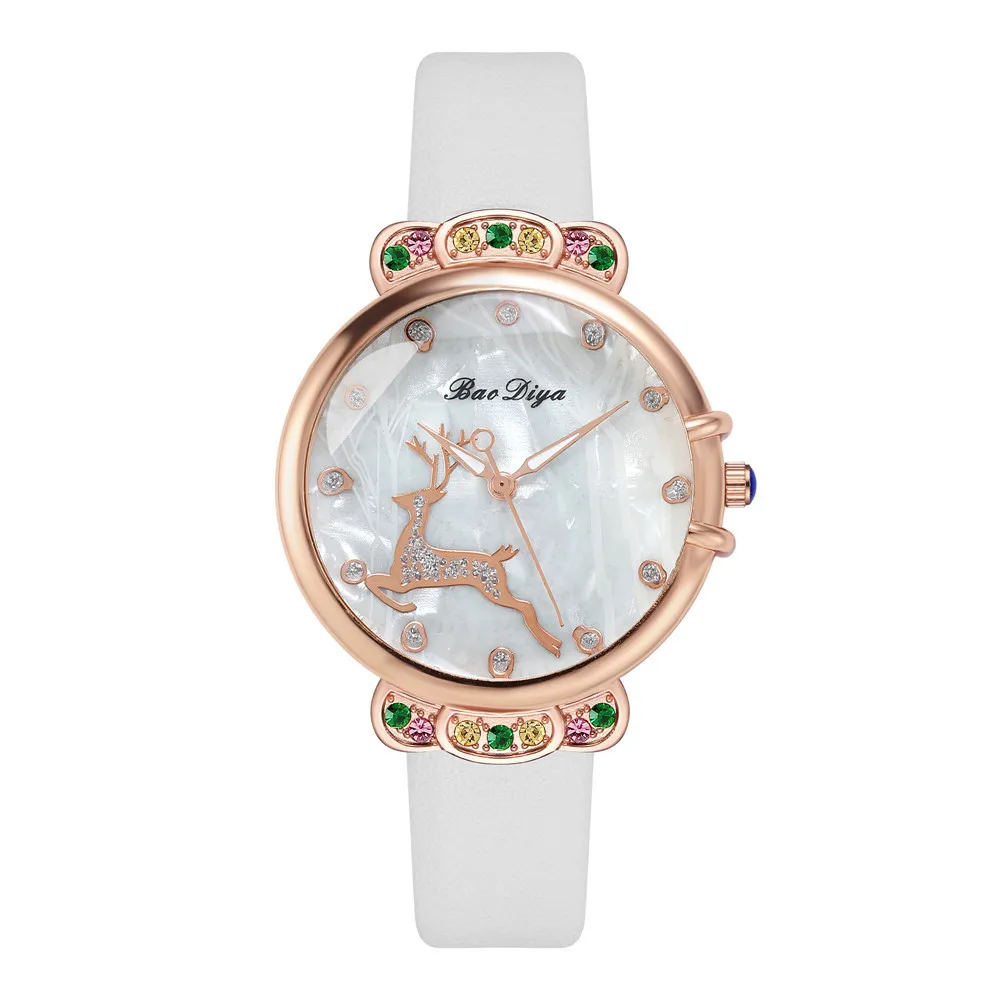 Shell Noodles Dial Design Fawn Diamond Mujeres Relojes de moda Marca Simple Ladies White Leather Wristwatches Mujer Reloj de cuarzo