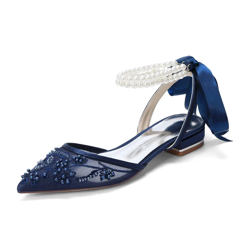 Navy blue White Lace with Beading Embroidery Flats Bridal Sandals Ankle Pearl Strap Bowtie Pointed Toe Woman Wedding Shoes