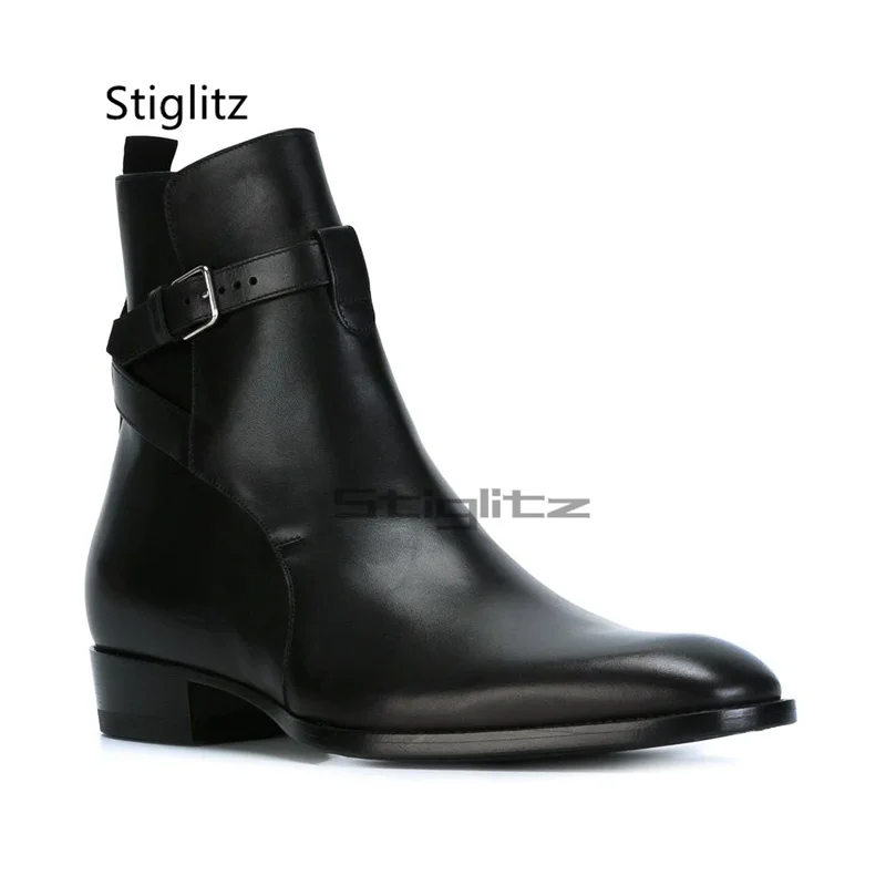 

Genuine Leather Belt Buckle Chelsea Boots Men's Rivet Cross Strap Pointed Toe Side Retro British Style Ankle Boots Breathable
