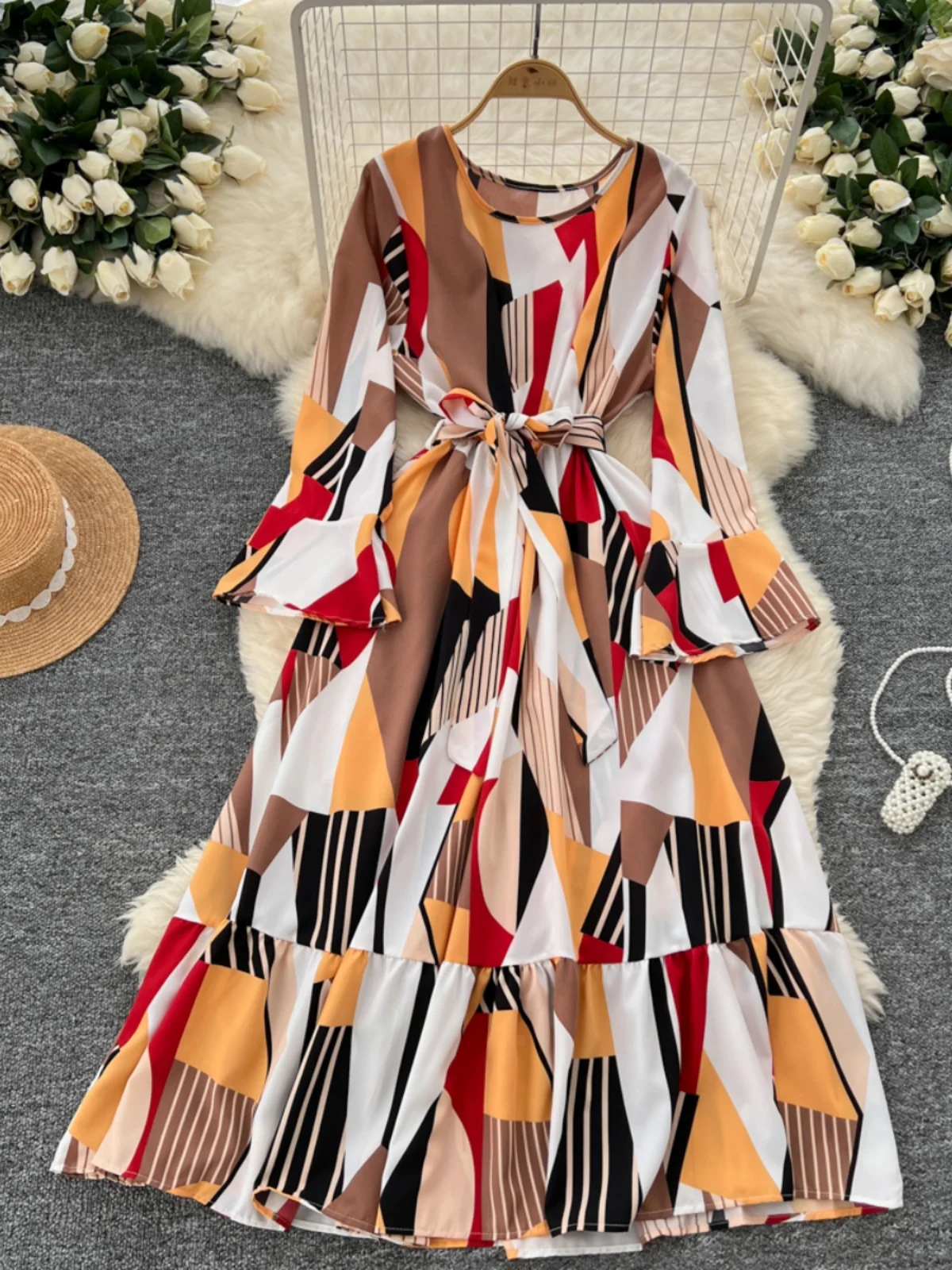 Foamlina Flower Print Long Sleeve Autumn Dress Women's Straps Closed Waist Show Thin Horn Sleeves Ruffle Edge Big Swing Dress