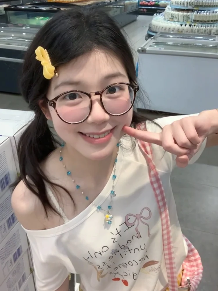 Koreaanse Sle Sweet Girl Fun Print Slant oulder ort Sve T-shirt Vrouwen Zomer Ontwerp Wit Pittig Meisje Unieke oulder Ba...