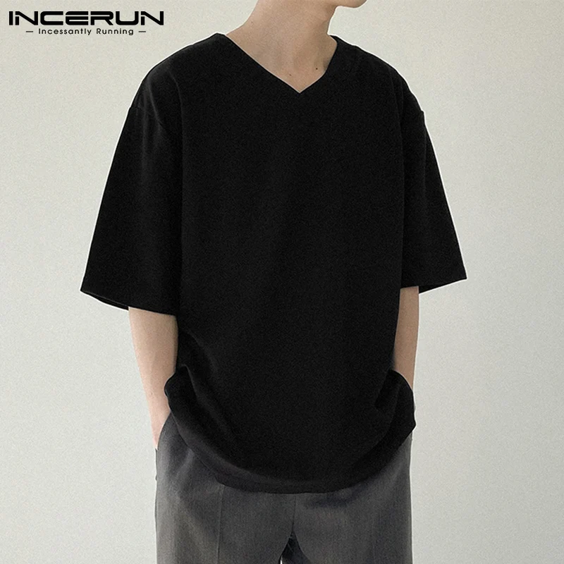 Incerun-男性用カジュアルTシャツ,単色,ストリートウェア,男性用トップス,半袖,Vネック,韓国スタイル,S-3XL, 2024