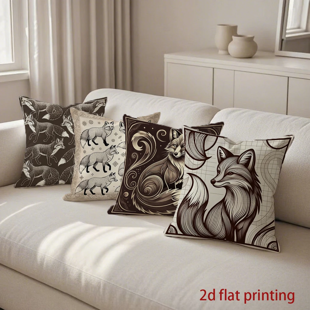 Monochrome Sketch Fox Pillow Covers, Retro Animal Print Peach Skin Cushion Cover, Unique Home Gift for Farmhouse Bedroom Couch D