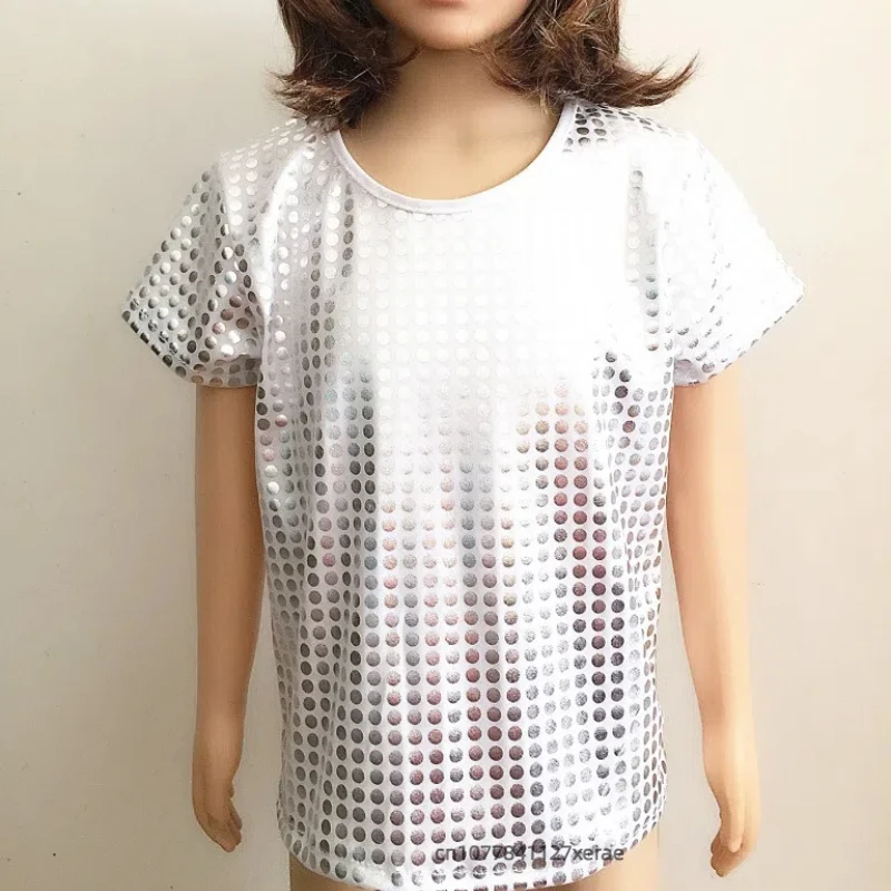 Детские костюмы для джазовых танцев, свободные футболки с короткими рукавами и блестками, костюмы для группового фестиваля, сценических танцевальных выступлений