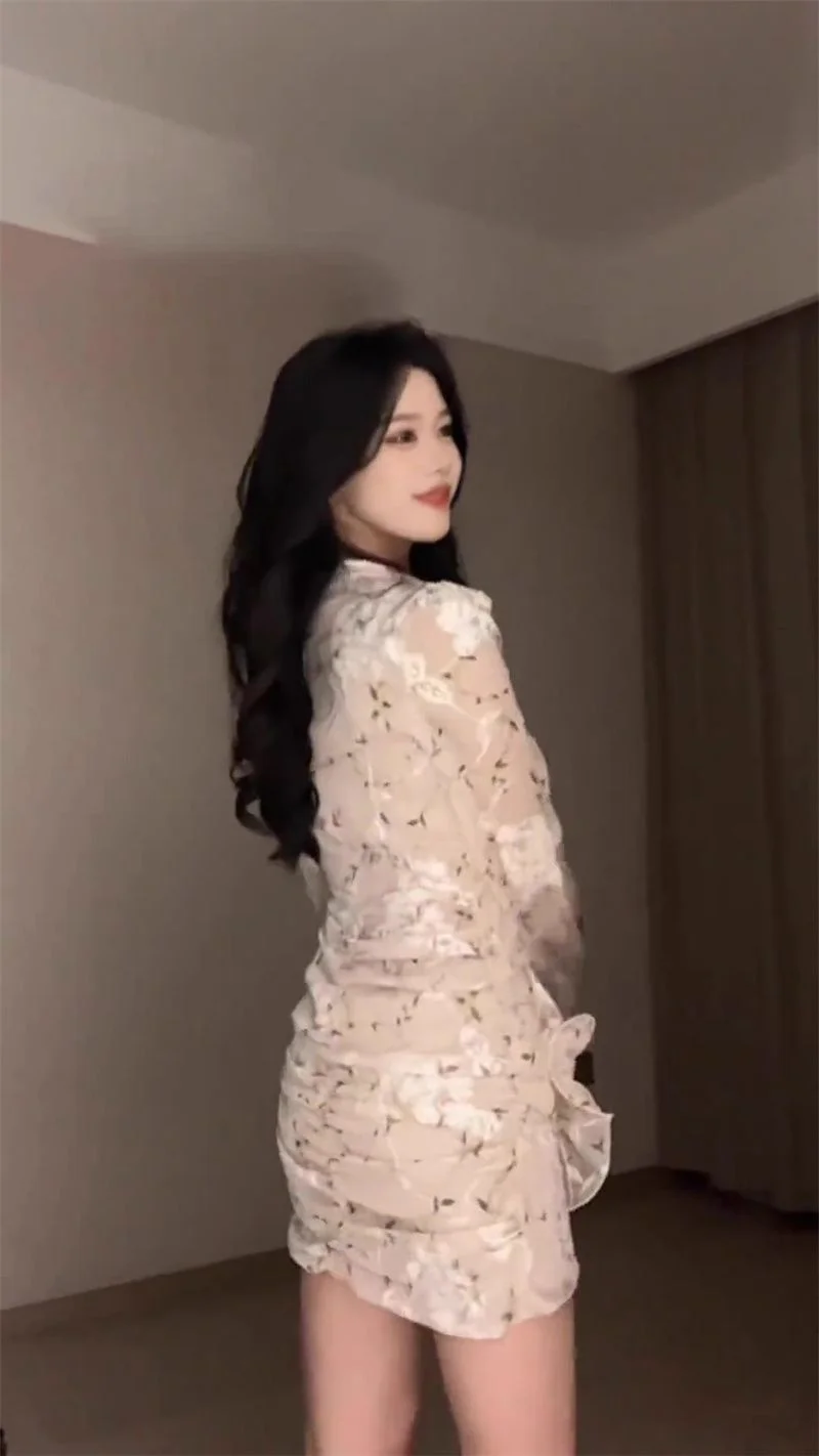 新作高級ファッションミニドレス レディース 花柄プリント ロングスリーブ スリムウエスト シャーリングシフォンドレス フリル付きワンピース 秋物