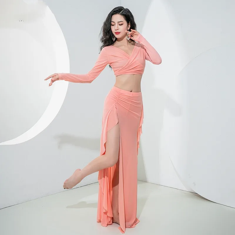 2024 Women Oriental Dance Gauze Costume Long Sleeve Top Sexy Side Split Skirt Solid Transparent Bellydance Practice Outfit Cheap