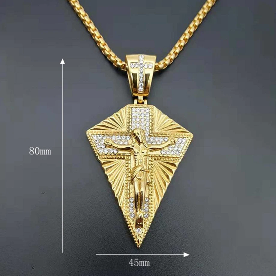 Religious Iced Out Bling Jesus Cross Pendant Male Gold Color Stainless Steel Big Christ Crucifix Necklace for Men Jewelry Gift