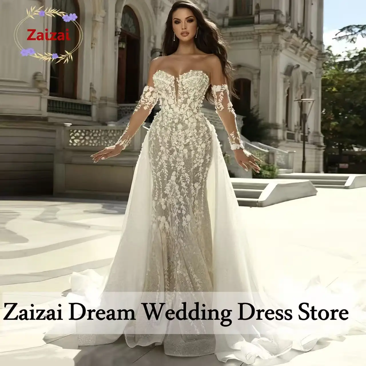 

Романтическое кружевное свадебное платье русалки без бретелек с длинными рукавами и бисером, аппликациями, свадебное платье со съемным шлейфом