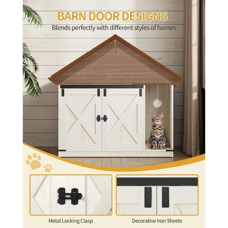 أثاث خزانة صندوق نفايات القطط المخفي مع جرس للقطط الداخلية تصميم على طراز المزرعة باللون البني والأبيض الريفي 39