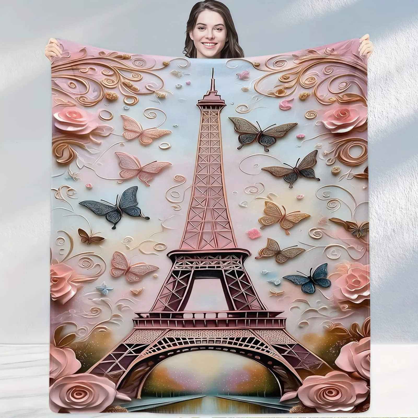

Pink Glow Riverside Eiffel Tower Blanket & Throw:Romantic Sunset Style,ideal for Bedrooms & Living Rooms,for Gentle Decor Lovers